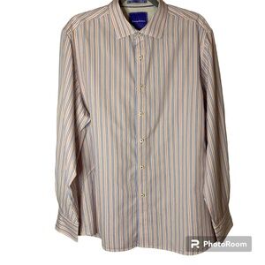 Tommy Bahama Men's Shirt Large Blue and Peach Striped Long Sleeve Button Down